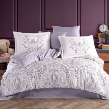 Set lenjerie de pat bumbac saten 100% Tiago | Hobby Home | alb & lila | floral | 6 piese | 2 persoane