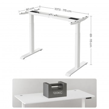 Cadru pentru birou electric reglabil alb din metal, 107,5 - 175 x 60 x 69 - 115 cm, Vasagle - Img 8