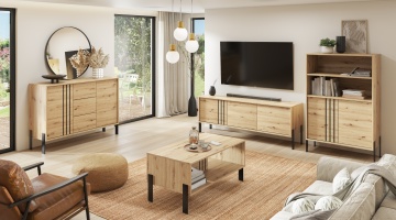 Living modern amenajat cu mobilier Nexo ADRK stejar artisan și măsuță de cafea cu picioare metalice negre