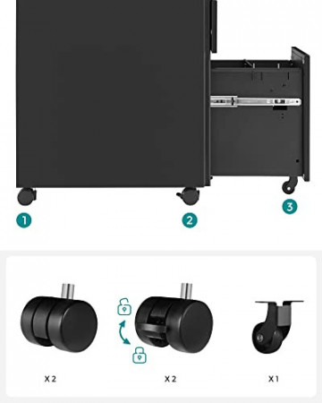 Corp mobil de birou / rollbox cu 3 sertare si cheie, 45 x 30 x 60 cm, metal, negru, Songmics - Img 6