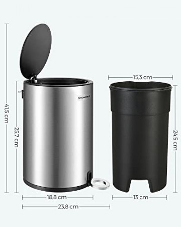 Cos de gunoi pentru baie, ∅ 18.8 cm, metal, argintiu, Songmics - Img 7