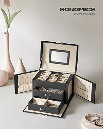 Cutie bijuterii cu 2 sertare si maner, piele ecologica / MDF, negru, Songmics - Img 2