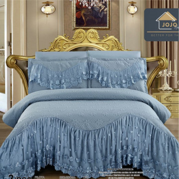 Cuvertura de pat cu volane, tesatura tip finet, pat 2 persoane, 3 piese, albastru, CVJ-32