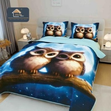 Cuvertură matlasată 5D albastră cu bufnițe JOJO HOME – 3 piese