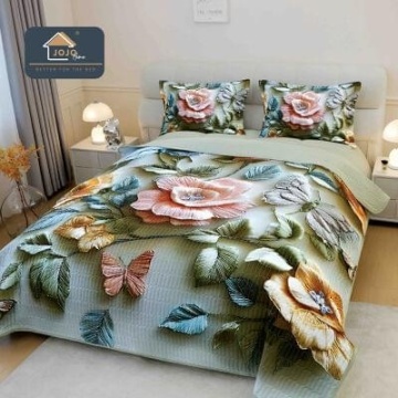 Cuvertură matlasată 5D verde cu flori elegante JOJO HOME – 3 piese