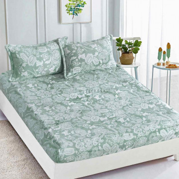 Husa de pat Cocolino cu elastic si 2 fete de perna, pat 2 persoane, alb / verde menta, HCJ-81