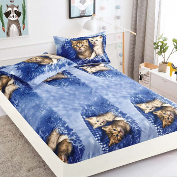 Husa de pat cu elastic si 2 fete de perna, tesatura tip finet, pat 2 persoane, albastru, HBF-169 - Img 1