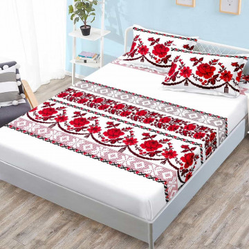 Husa de pat cu elastic si 2 fete de perna, tesatura tip finet, pat 2 persoane, alb / rosu, G-231