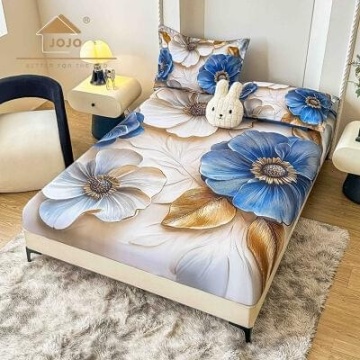 Husă de pat Finet 5D albă cu flori bleu + 2 fețe de pernă | JoJo Home