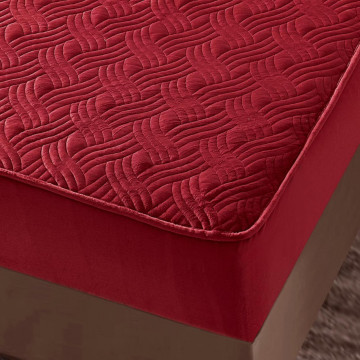 Husa de pat matlasata si 2 fete de perne din catifea, cu elastic, model tip topper, pentru saltea 180x200 cm, rosu, HTC-02 - Img 4