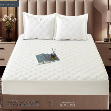 Husa de pat matlasata si 2 fete de perne din catifea, cu elastic, model tip topper, pentru saltea 140x200 cm, alb, HTC-26 - Img 1