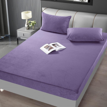 Husa de pat si 2 fete de perne din catifea, uni, cu elastic, pat 2 persoane, mov, HTC-21