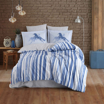 Lenjerie de pat, 100% bumbac, tesatura poplin, pat 2 persoane, alb / albastru, Cascade