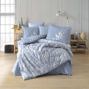 Lenjerie de pat, 100% bumbac, tesatura poplin, pat 2 persoane, alb / albastru, Hira