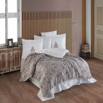 Lenjerie de pat, 100% bumbac, tesatura satin, pat 2 persoane, alb / grej, Mirabel