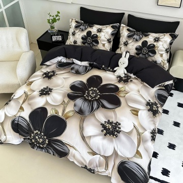 Lenjerie de Pat 5D Finet Alb-Negru „Flori 3D Aurii” | 6 Piese | Imprimeu Digital | Pat 2 Persoane | JOJO HOME