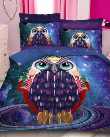 Lenjerie de pat cu 2 fete, imprimeu 3D, tesatura tip finet, pat 2 persoane, albastru / violet, 6 piese, A2-11