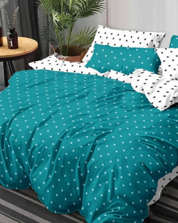 Lenjerie de pat cu 2 fete, tesatura tip finet, 6 piese, pat 2 persoane, turquoise / alb, FN-440