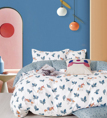 Lenjerie de pat cu 2 fete, tesatura tip finet, pat 1 persoana, alb / albastru, 4 piese, FJ1-54