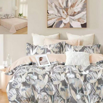 Lenjerie de pat cu 2 fete, tesatura tip finet, pat 2 persoane, 6 piese, gri / bej, R60-508