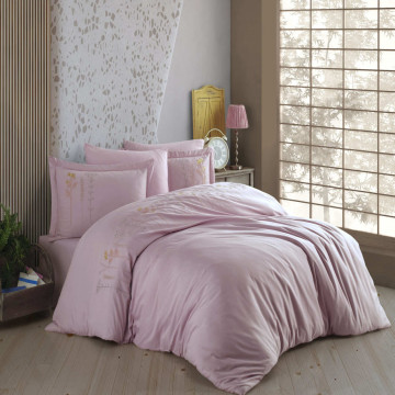 Lenjerie de pat cu broderie, 100% bumbac, tesatura poplin, pat 2 persoane, 4 piese, roz, Diva