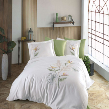 Lenjerie de pat cu broderie, bumbac 100%, pat 2 persoane, 6 piese, alb / verde, Starlice