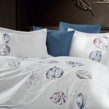 Lenjerie de pat cu broderie, bumbac 100%, pat 2 persoane, 6 piese, alb / albastru, Cinar