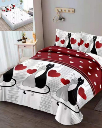 Lenjerie de pat cu elastic, policoton, pat 2 persoane, rosu / alb, 4 piese, R4E-11 - Img 2