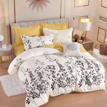 Lenjerie de pat cu elastic, tesatura tip finet, pat 2 persoane, 6 piese, alb / galben, FNJE-159