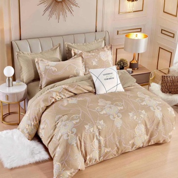 Lenjerie de pat cu elastic, tesatura tip finet, pat 2 persoane, 6 piese, bej, FNJE-161