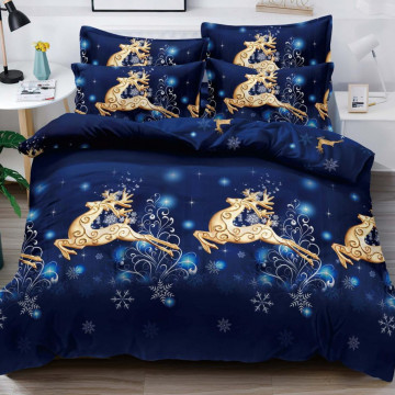 Lenjerie de pat Mos Crăciun cu elastic, tesatura tip finet, 6 piese, pat 2 persoane, auriu / bleumarin, FNJEC-22