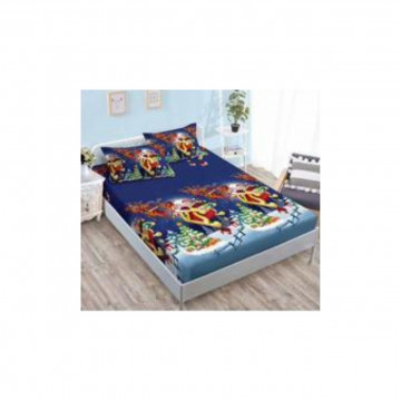 Lenjerie de pat Mos Craciun cu elastic, tesatura tip finet, pat 2 persoane, albastru inchis, 6 piese, QT-12 - Img 2