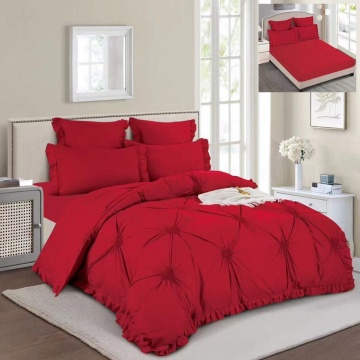 Lenjerie de pat uni cu pliuri si broderie, tesatura tip finet, 6 piese, pat 2 persoane, rosu, T1-14