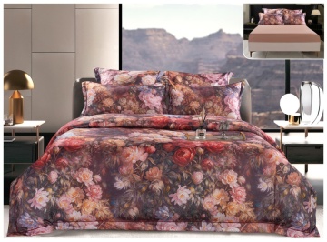 Lenjerie pat satin digital floral vintage | Burgundy | 6 piese | 2 persoane | Cu elastic