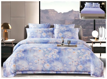 Lenjerie pat satin digital flori | Bleu pastel | 6 piese | 2 persoane | Cu elastic