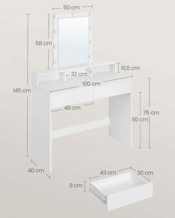 Masa de toaleta cu iluminare LED, 100 x 40 x 145 cm, PAL melaminat, alb, Vasagle - Img 9