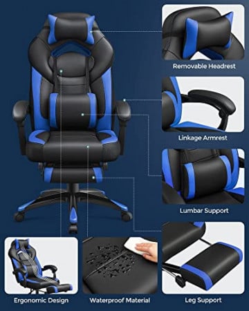 Scaun de gaming cu recliner, piele ecologica, negru / albastru, Songmics - Img 11