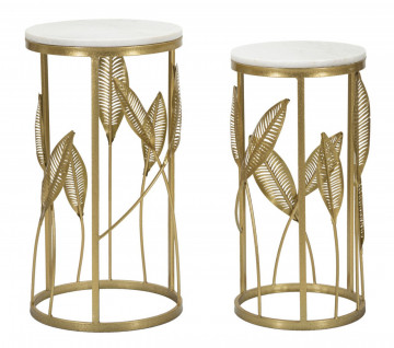 Set 2 masute auxiliare Carrara alb/auriu din marmura si metal, 60,5 - 65,5 cm, Leaf Mauro Ferretti