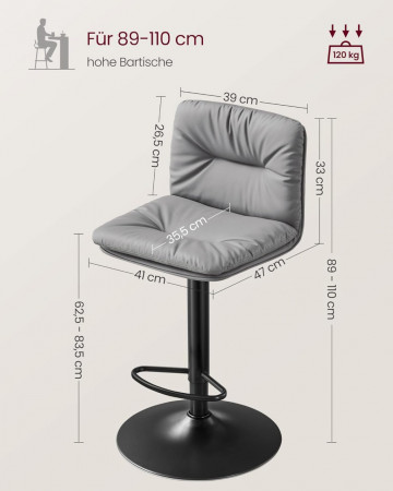Set 2 scaune bar, 47 x 41 x 89-110 cm, piele ecologica / metal, gri, Vasagle - Img 3