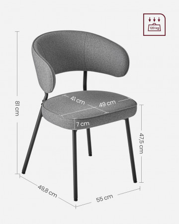 Set 2 scaune dining, 55 x 49,8 x 81 cm, textil / metal, gri inchis, Vasagle - Img 3