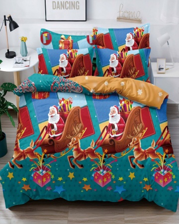 Set Lenjerie Crăciun, Bumbac Tip Finet, Cu Elastic, Pat 2 Persoane, Santa's Sleigh, FNJEC-13 – cadru de prezentare secundar