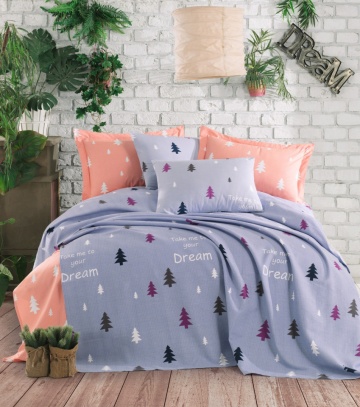 Set lenjerie de pat + cuvertura dubla Takeme - Light Blue, EnLora Home, 4 piese, bumbac, albastru – prezentare alternativă a produsului
