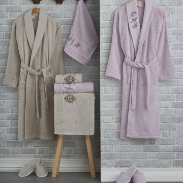 Set prosoape si halate din bumbac 100%, marimea L, 10 piese, vie collection, bej / lila, SPV-02
