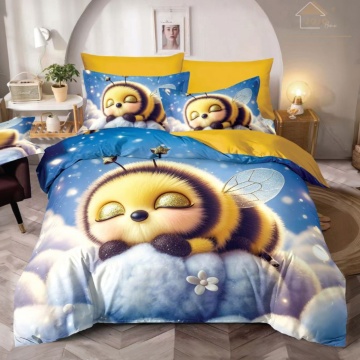 🐝 Lenjerie de Pat 6 Piese Galben & Albastru | Albină Adormită | Imprimeu Digital 5D | Finet | Jojo Home