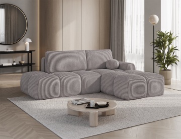 colțar ELTAP Vittario grej cu material reiat, șezlong dreapta și pernă rotundă decorativă