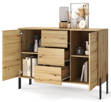 Interior comodă Nexo ADRK stejar artisan cu sertare deschise și spații de depozitare