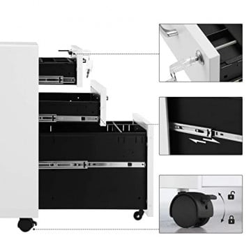 Corp mobil pentru birou / rollbox cu 3 sertare, 48 x 39 x 60 cm, metal, alb, Songmics - Img 7