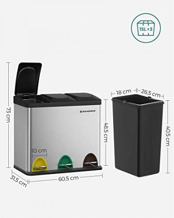 Cos de gunoi pentru reciclare, 60.5 x 31.5 x 48.5 cm, metal, argintiu, Songmics - Img 7