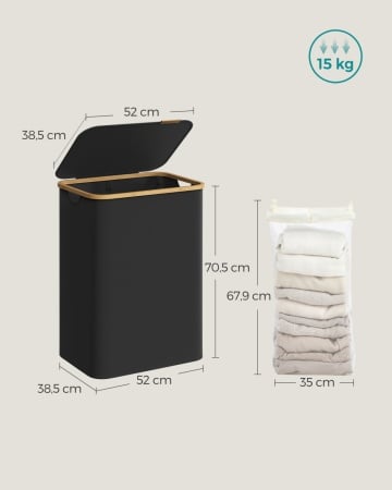 Cos de rufe, 52 x 38,5 x 70,5 cm, bambus / textil, negru, Songmics - Img 7