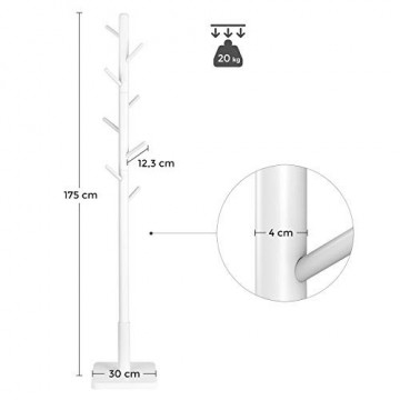 Cuier pom, 30 x 30 x 175 cm, MDF / lemn de arbore de cauciuc, alb, Vasagle - Img 9